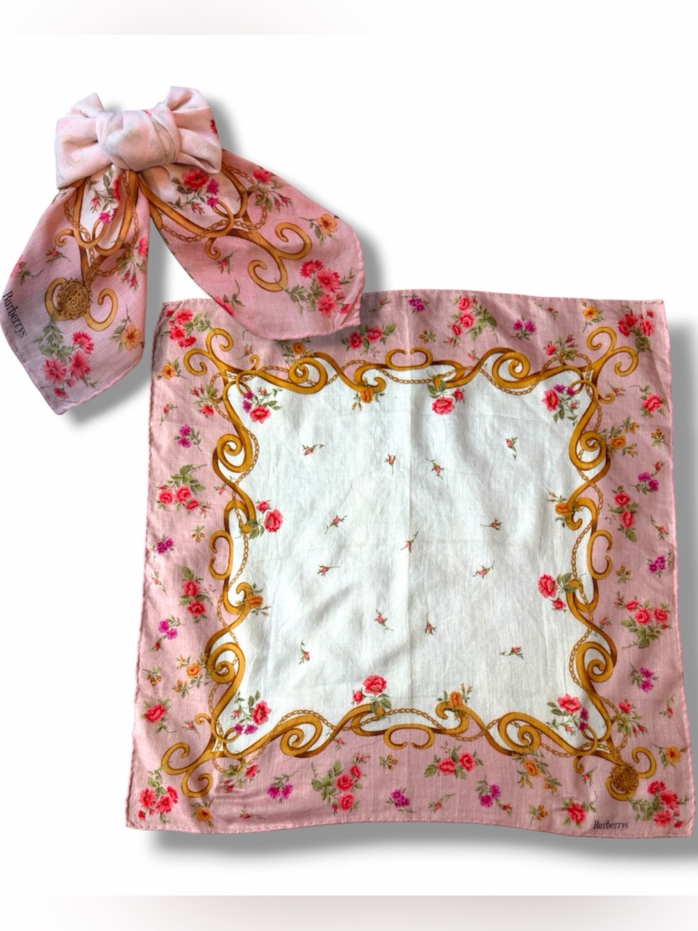 Burberry Pink Floral Cotton Scarf Bandana Hair Bow Bag Accessory Necketchief